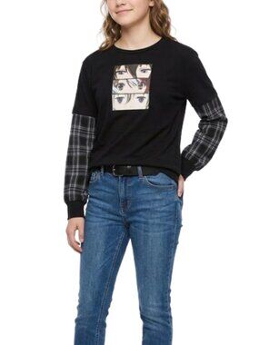 Teenage Anime Long Sleeve Shirt/Dress Oversize Plaid Sleeves Black, sz. 11-12Y